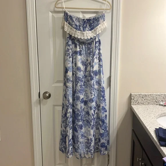 dynamite blue floral dress Thats So Fetch | Nadine Lace-Up Back Maxi Dress | Blue Floral main image 1